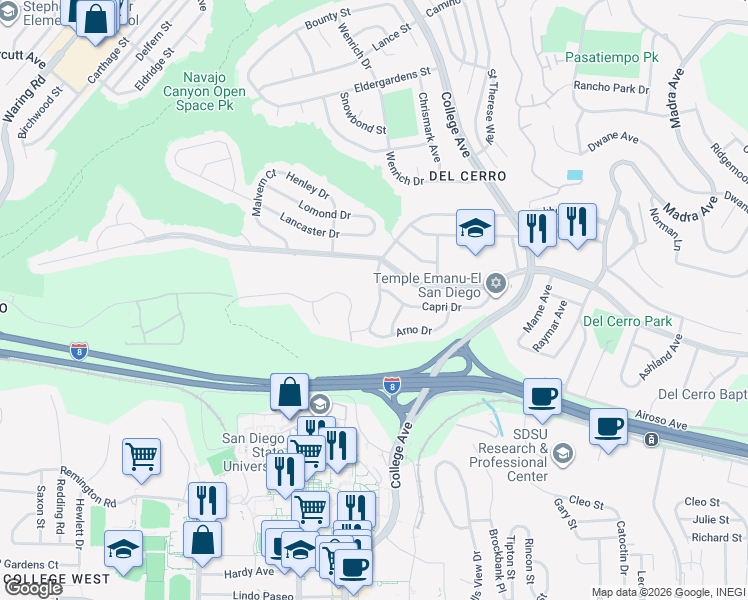 map of restaurants, bars, coffee shops, grocery stores, and more near 5680 Genoa Drive in San Diego