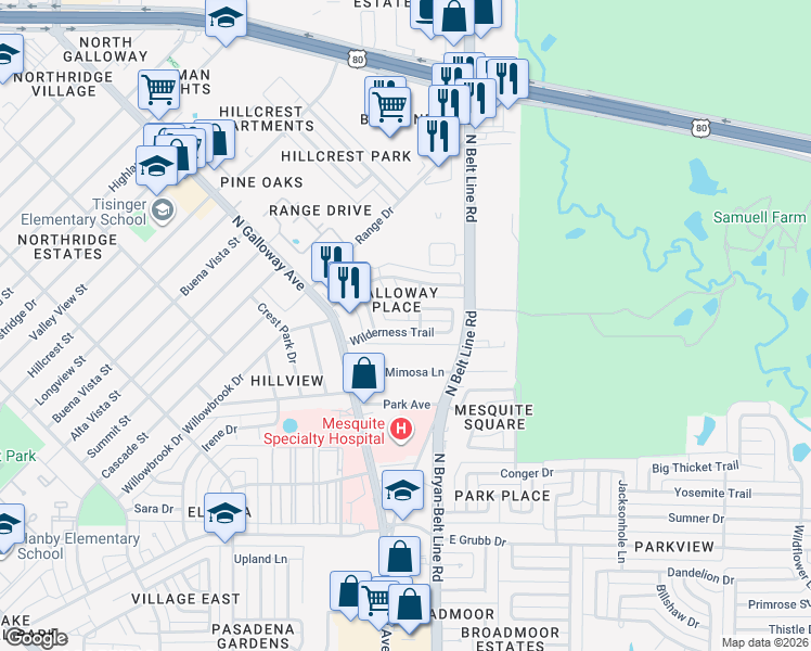map of restaurants, bars, coffee shops, grocery stores, and more near 223 Wilderness Trail in Mesquite