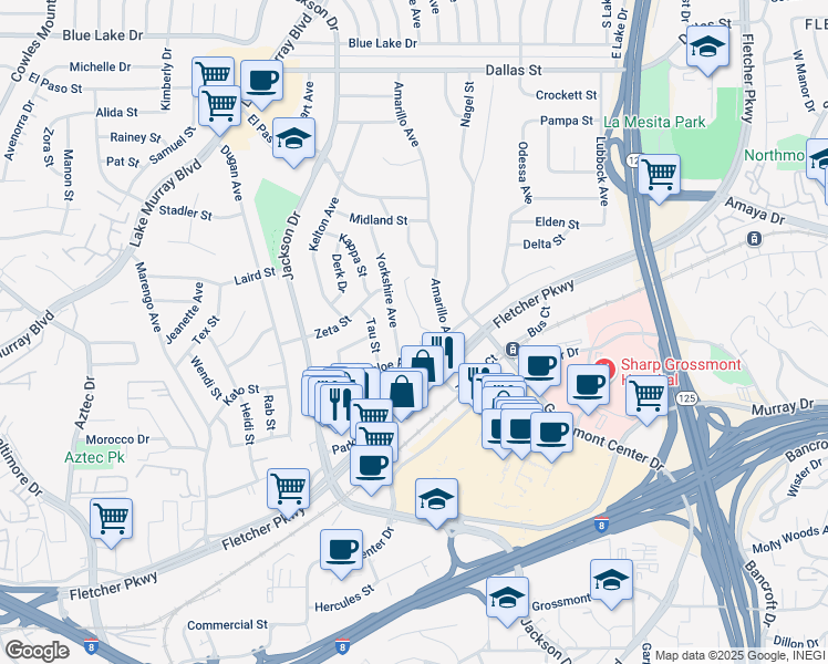 map of restaurants, bars, coffee shops, grocery stores, and more near 5708 Lambda Lane in La Mesa