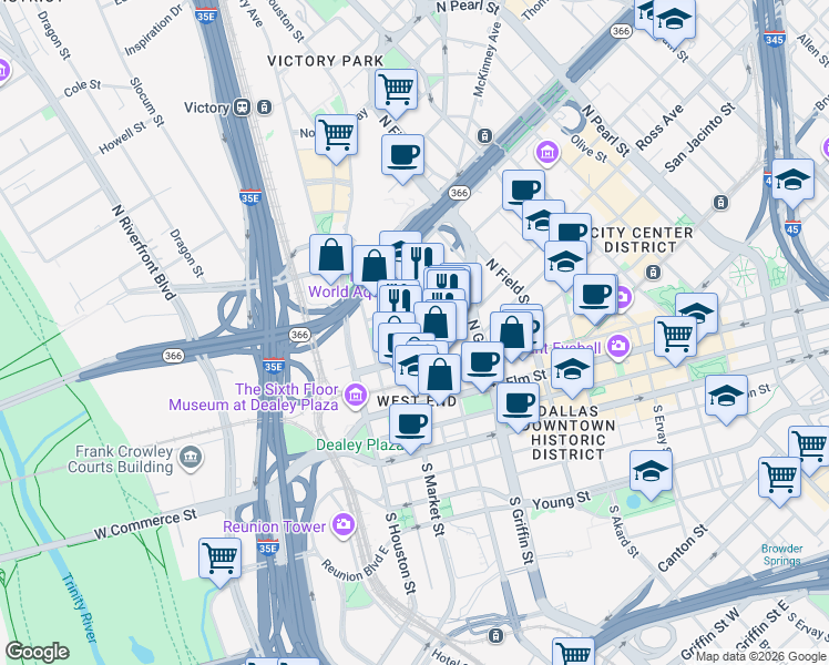 map of restaurants, bars, coffee shops, grocery stores, and more near 801 Ross Avenue in Dallas