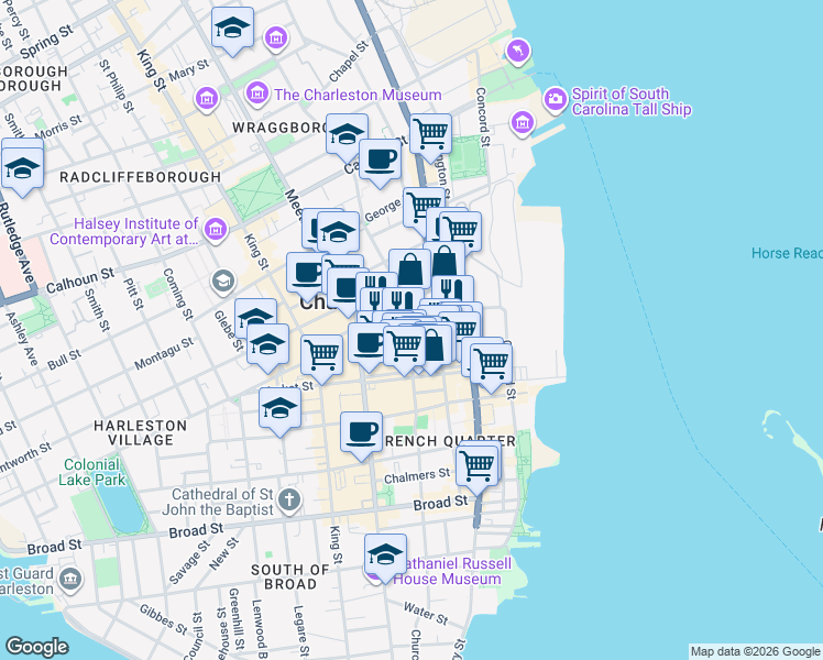 map of restaurants, bars, coffee shops, grocery stores, and more near 22 Anson Street in Charleston