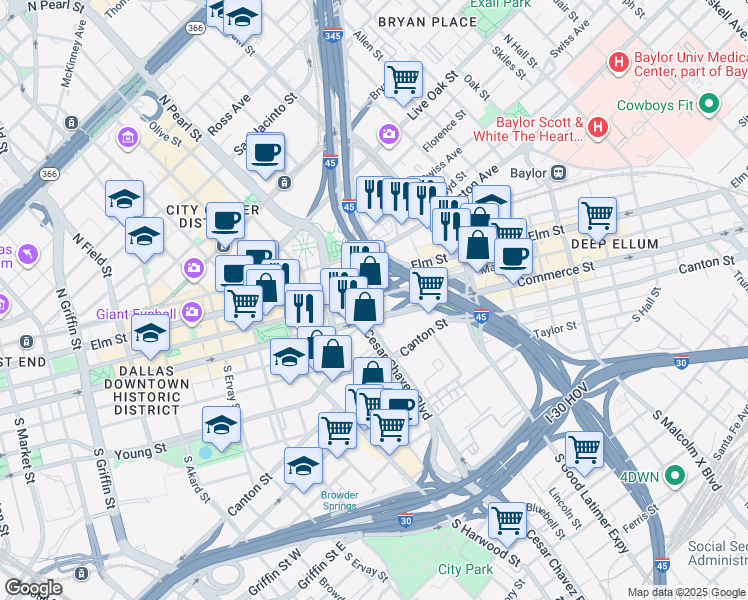 map of restaurants, bars, coffee shops, grocery stores, and more near 2208b Main Street in Dallas