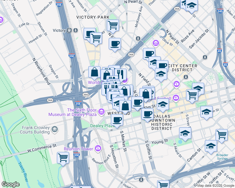 map of restaurants, bars, coffee shops, grocery stores, and more near 1801 North Lamar Street in Dallas
