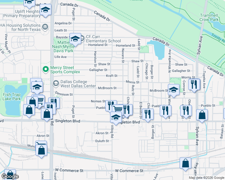 map of restaurants, bars, coffee shops, grocery stores, and more near 1734 McBroom Street in Dallas