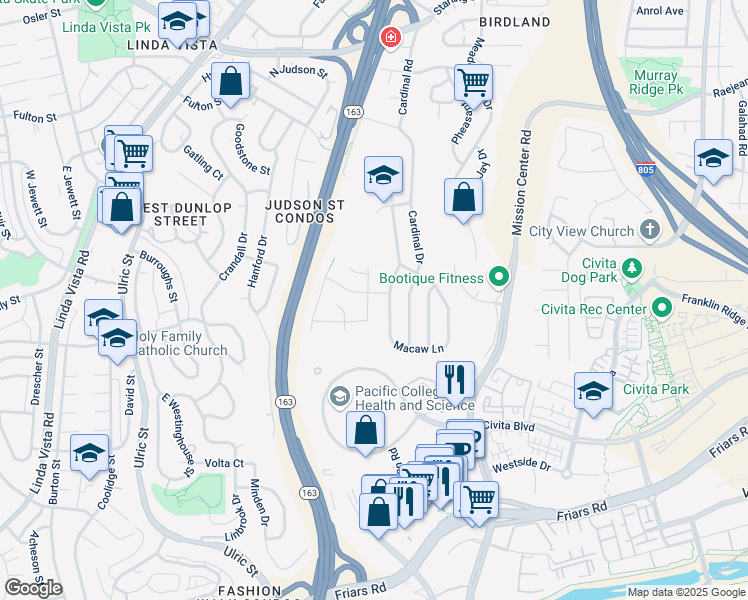 map of restaurants, bars, coffee shops, grocery stores, and more near 2061 Seagull Lane in San Diego