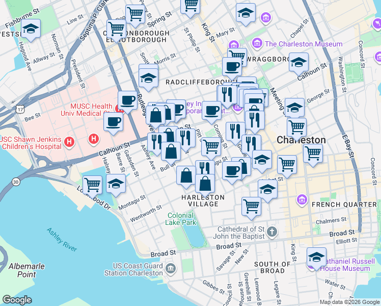 map of restaurants, bars, coffee shops, grocery stores, and more near 52 Bull Street in Charleston