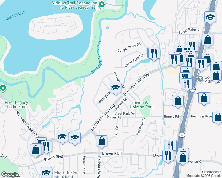 map of restaurants, bars, coffee shops, grocery stores, and more near 2702 Ridge Top Lane in Arlington