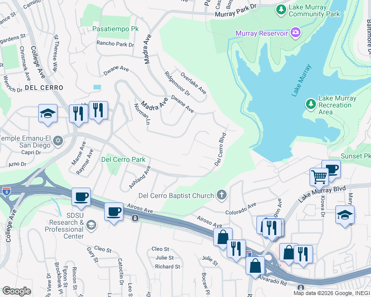 map of restaurants, bars, coffee shops, grocery stores, and more near 5828 Yokohama Court in San Diego