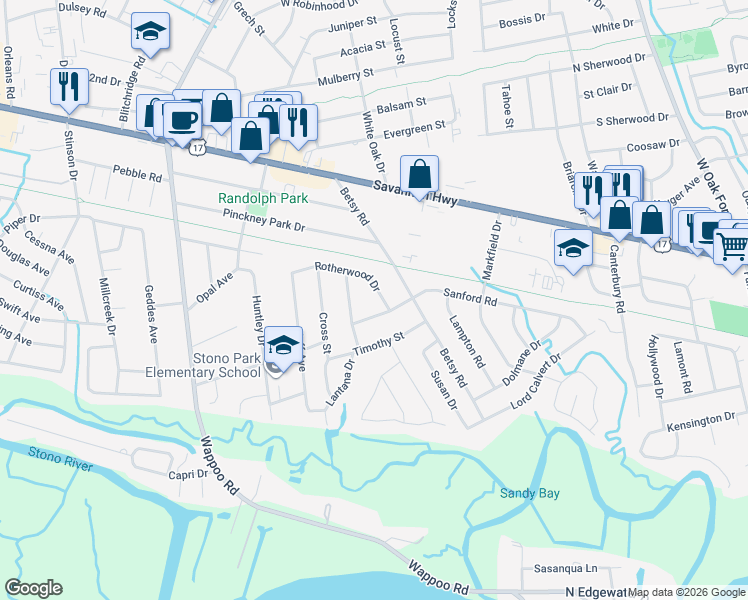 map of restaurants, bars, coffee shops, grocery stores, and more near 409 Rotherwood Drive in Charleston