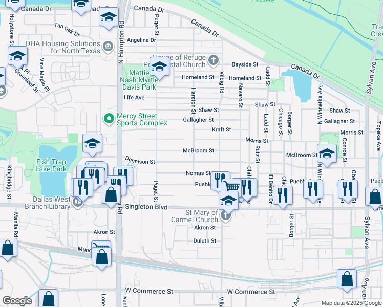 map of restaurants, bars, coffee shops, grocery stores, and more near 1902 McBroom St in Dallas