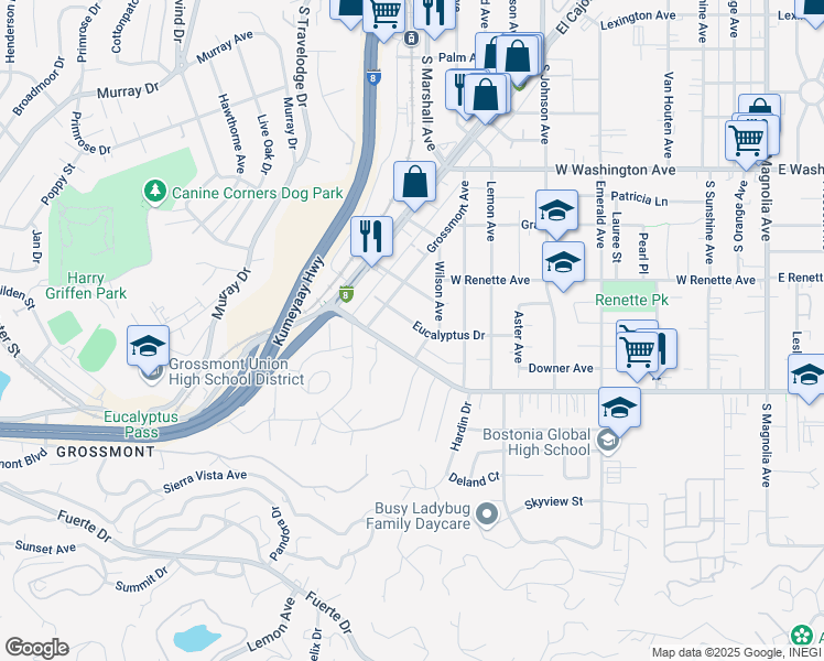 map of restaurants, bars, coffee shops, grocery stores, and more near 1155 Eucalyptus Drive in El Cajon
