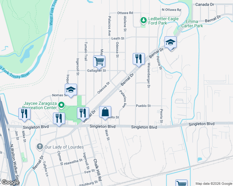 map of restaurants, bars, coffee shops, grocery stores, and more near 4916 Bernal Drive in Dallas