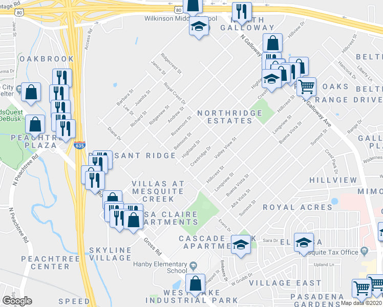 map of restaurants, bars, coffee shops, grocery stores, and more near 1320 Highland Street in Mesquite