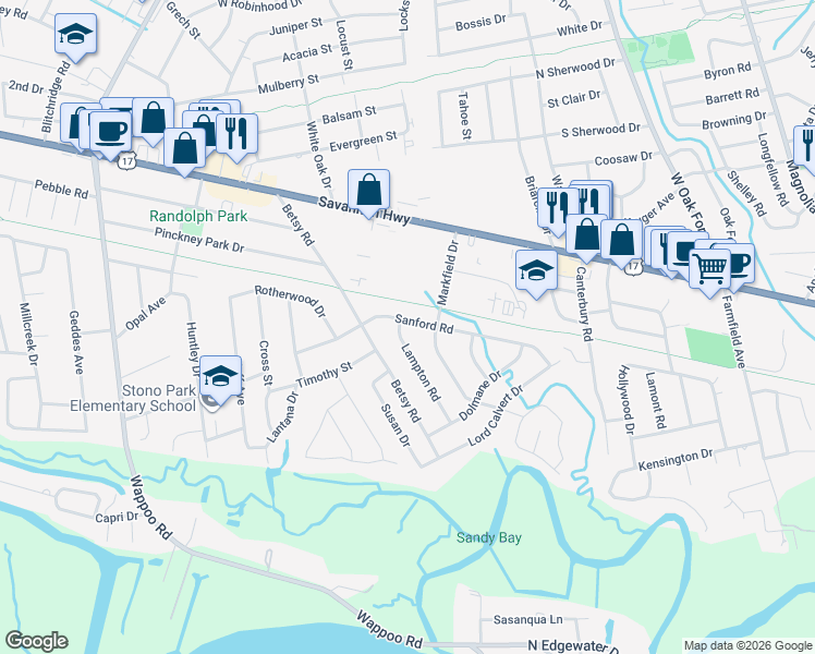 map of restaurants, bars, coffee shops, grocery stores, and more near 1587 Sanford Road in Charleston