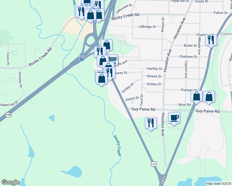 map of restaurants, bars, coffee shops, grocery stores, and more near 4395 Pio Nono Avenue in Macon