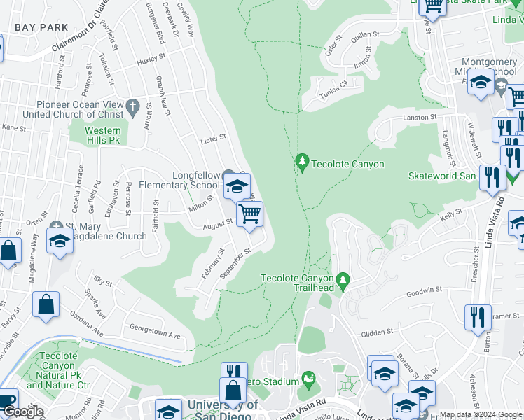 map of restaurants, bars, coffee shops, grocery stores, and more near 2175 Cowley Way in San Diego