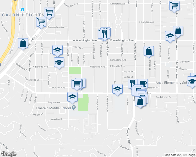 map of restaurants, bars, coffee shops, grocery stores, and more near 960 South Sunshine Avenue in El Cajon
