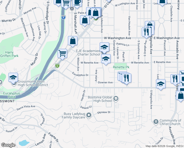 map of restaurants, bars, coffee shops, grocery stores, and more near 995 Lemon Avenue in El Cajon