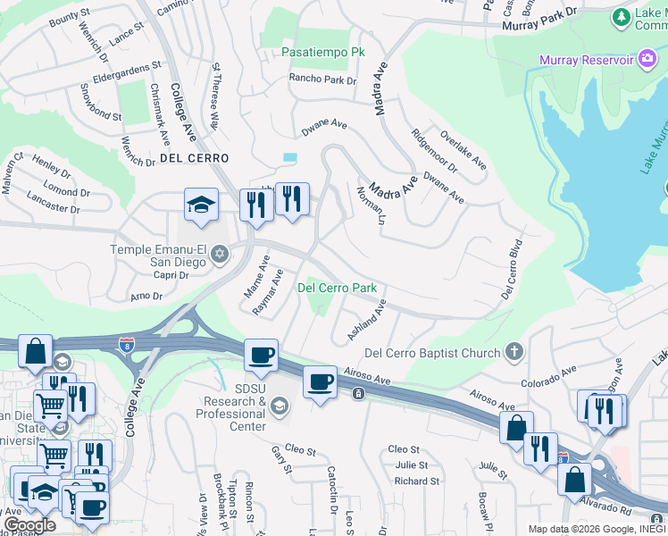 map of restaurants, bars, coffee shops, grocery stores, and more near 6434 Del Cerro Boulevard in San Diego