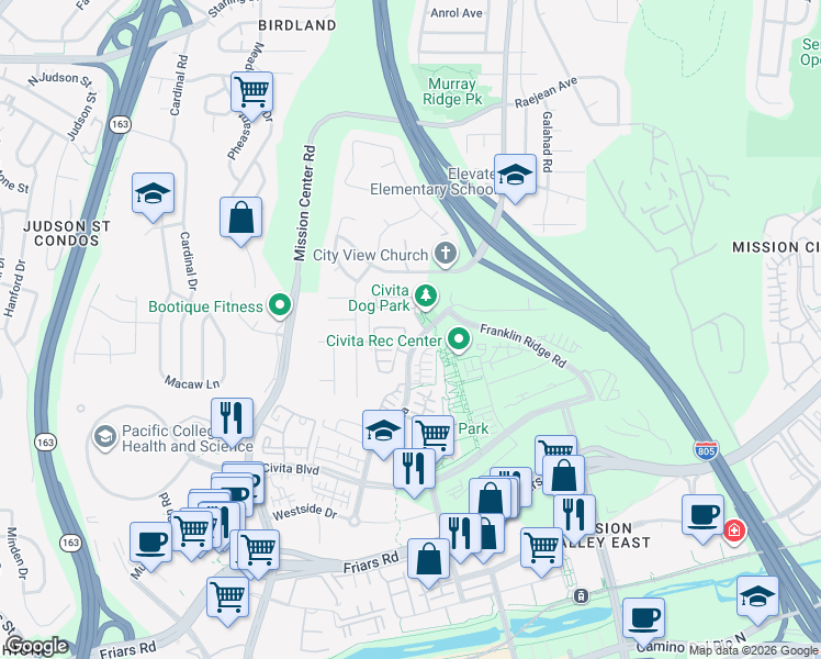 map of restaurants, bars, coffee shops, grocery stores, and more near 2609 Aperture Circle in San Diego
