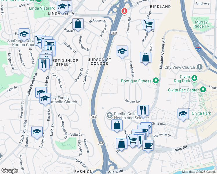 map of restaurants, bars, coffee shops, grocery stores, and more near 2045 Goshawk Street in San Diego