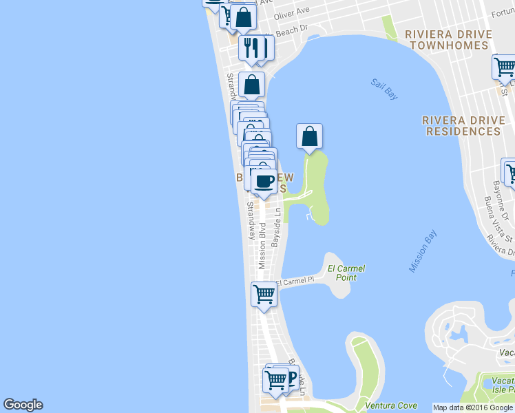 map of restaurants, bars, coffee shops, grocery stores, and more near 19 Ocean Front Walk in San Diego