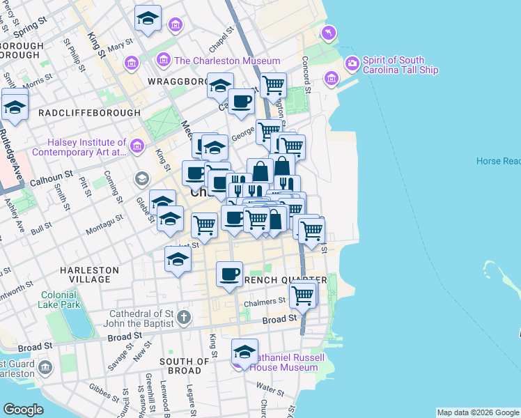 map of restaurants, bars, coffee shops, grocery stores, and more near 22 Anson Street in Charleston