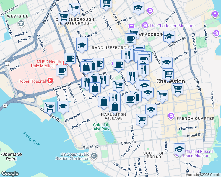 map of restaurants, bars, coffee shops, grocery stores, and more near 52 Bull Street in Charleston