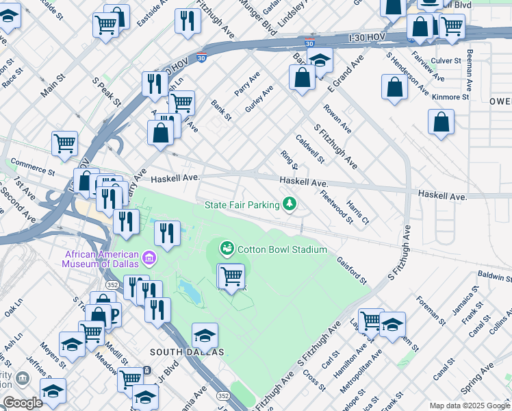 map of restaurants, bars, coffee shops, grocery stores, and more near 1309 Fletcher Street in Dallas