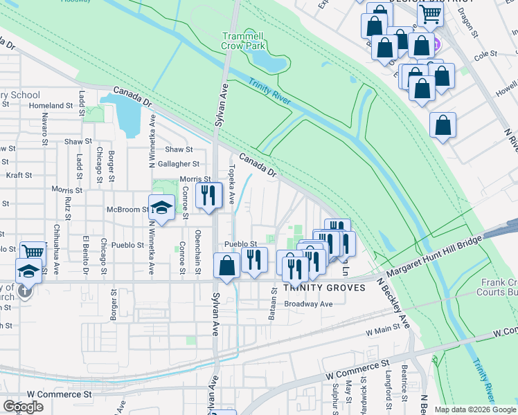 map of restaurants, bars, coffee shops, grocery stores, and more near 3330 Brantley Street in Dallas