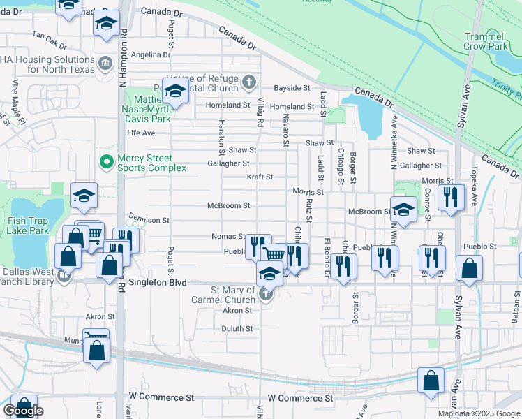 map of restaurants, bars, coffee shops, grocery stores, and more near 1724 McBroom Street in Dallas