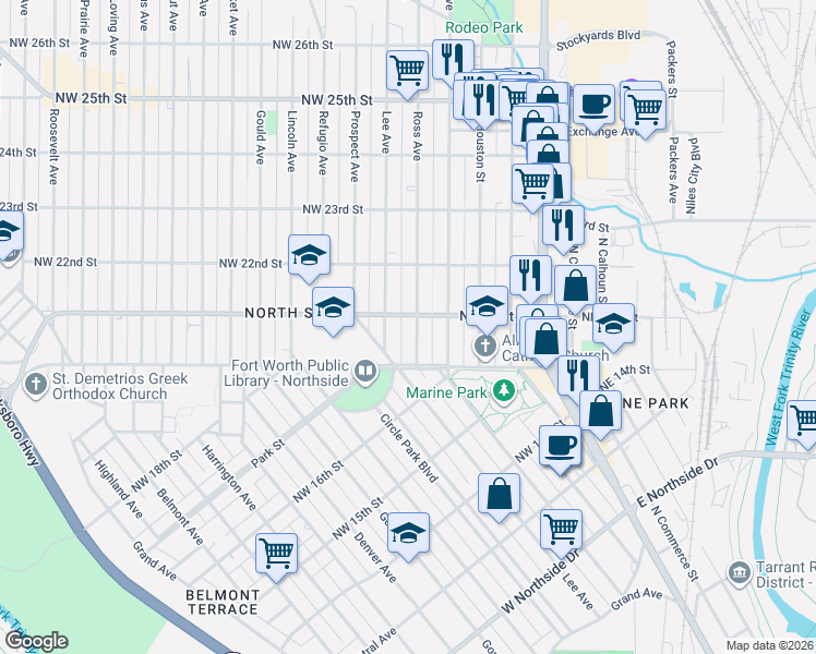 map of restaurants, bars, coffee shops, grocery stores, and more near 2019 Ross Avenue in Fort Worth