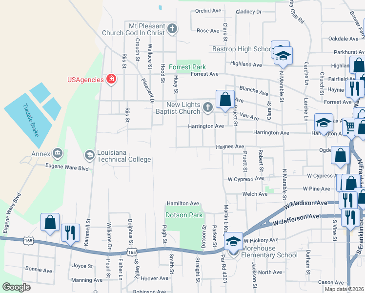 map of restaurants, bars, coffee shops, grocery stores, and more near 1002 Haynes Avenue in Bastrop