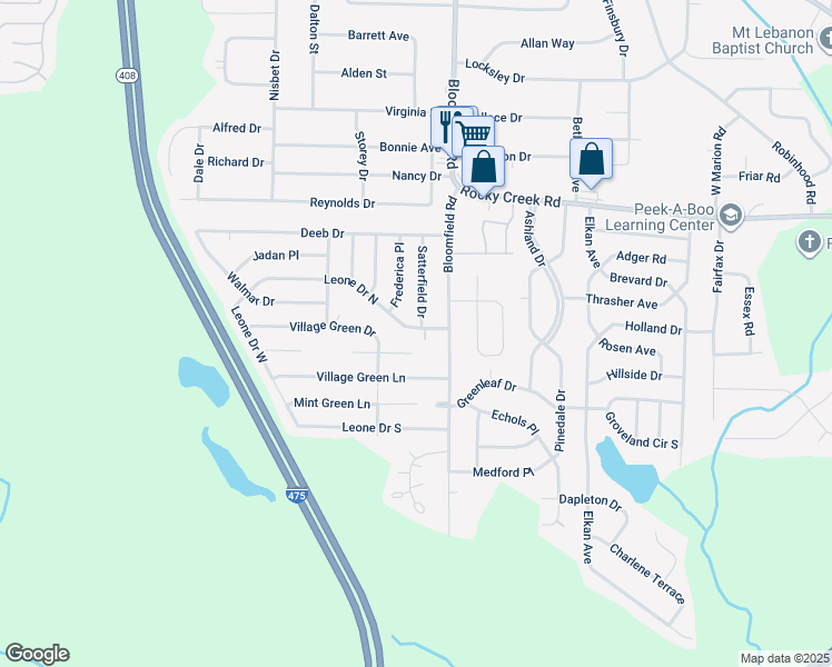 map of restaurants, bars, coffee shops, grocery stores, and more near 2628 Leone Drive North in Macon