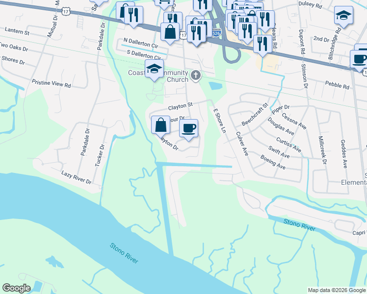 map of restaurants, bars, coffee shops, grocery stores, and more near 340 Clayton Drive in Charleston