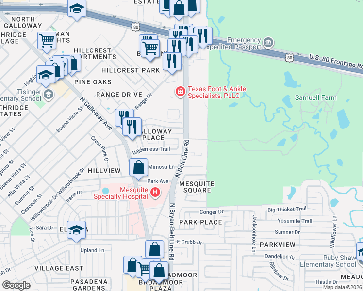 map of restaurants, bars, coffee shops, grocery stores, and more near 1350 North Belt Line Road in Mesquite
