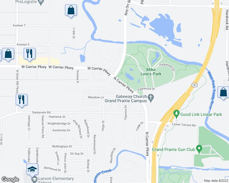 map of restaurants, bars, coffee shops, grocery stores, and more near 2105 Oakwood Drive in Grand Prairie