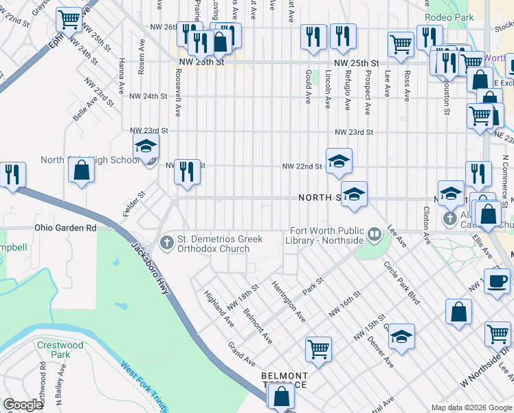 map of restaurants, bars, coffee shops, grocery stores, and more near 2016 Chestnut Avenue in Fort Worth