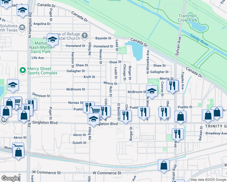 map of restaurants, bars, coffee shops, grocery stores, and more near 1518 McBroom Street in Dallas