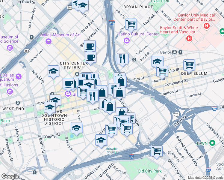 map of restaurants, bars, coffee shops, grocery stores, and more near 2107 Main St in Dallas