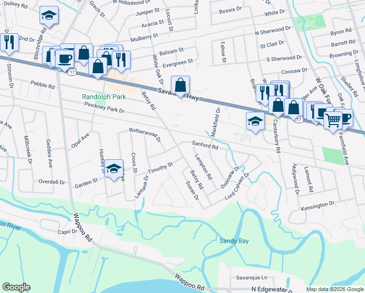 map of restaurants, bars, coffee shops, grocery stores, and more near 376 Betsy Road in Charleston