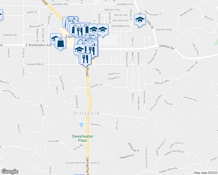map of restaurants, bars, coffee shops, grocery stores, and more near 1559 Gustavo Street in El Cajon