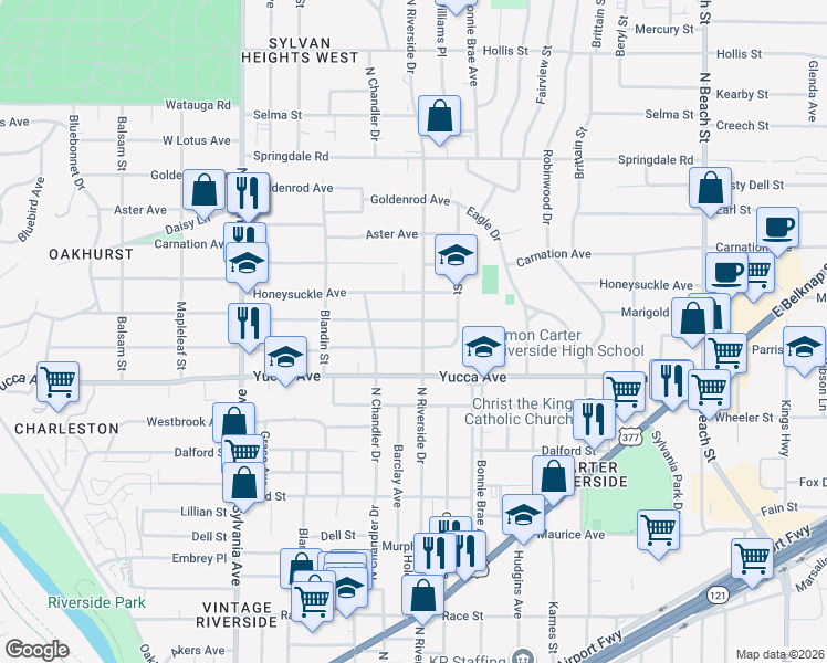 map of restaurants, bars, coffee shops, grocery stores, and more near 1409 North Riverside Drive in Fort Worth