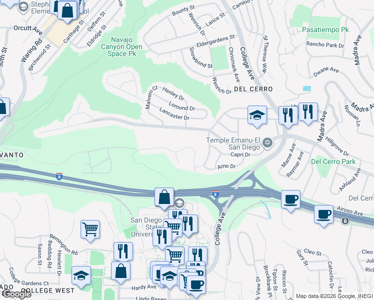 map of restaurants, bars, coffee shops, grocery stores, and more near 6047 Adobe Falls Road in San Diego