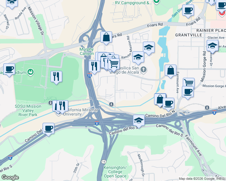 map of restaurants, bars, coffee shops, grocery stores, and more near 5906 Rancho Mission Road in San Diego