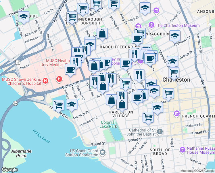 map of restaurants, bars, coffee shops, grocery stores, and more near 13 Smith Place in Charleston