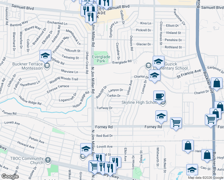 map of restaurants, bars, coffee shops, grocery stores, and more near 7121 Lanyon Drive in Dallas