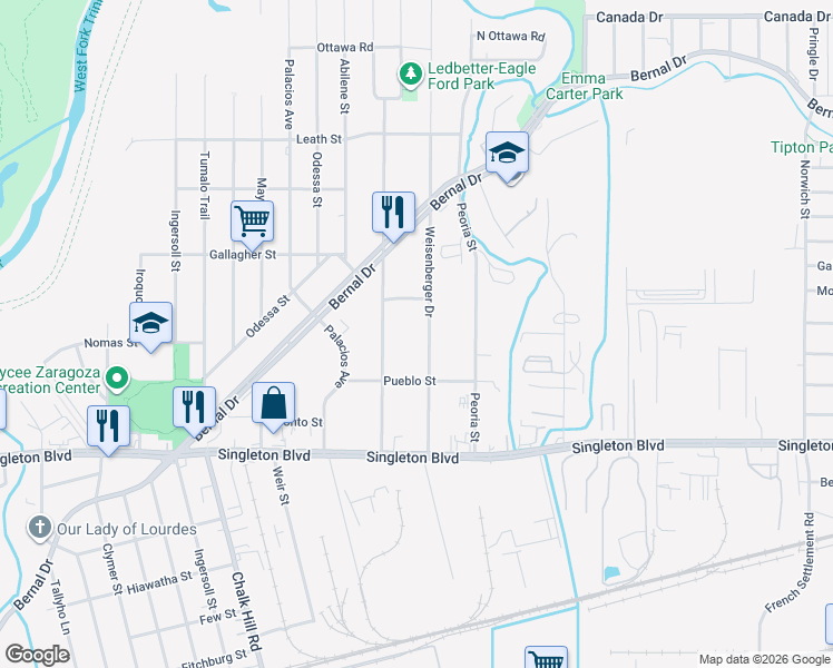 map of restaurants, bars, coffee shops, grocery stores, and more near 3312 Weisenberger Drive in Dallas