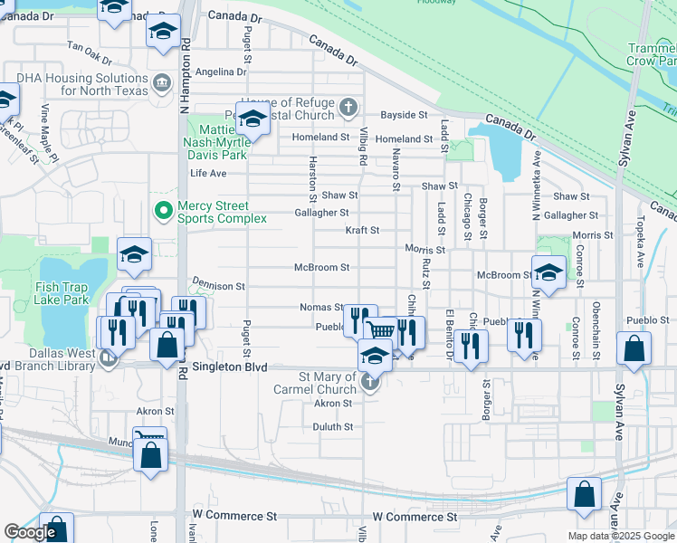 map of restaurants, bars, coffee shops, grocery stores, and more near 1822 McBroom Street in Dallas