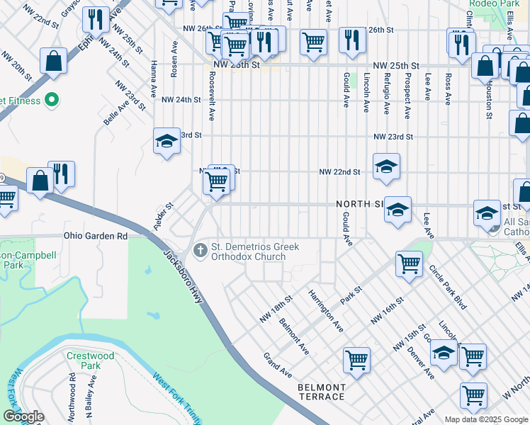 map of restaurants, bars, coffee shops, grocery stores, and more near 2017 Columbus Avenue in Fort Worth